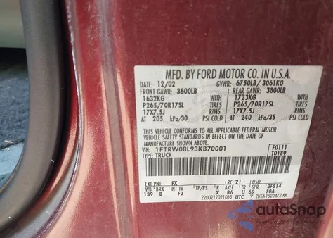 2003 Ford F-150 Lariat/Xlt from USA, damaged, VIN 1FTRW08L93KB70001